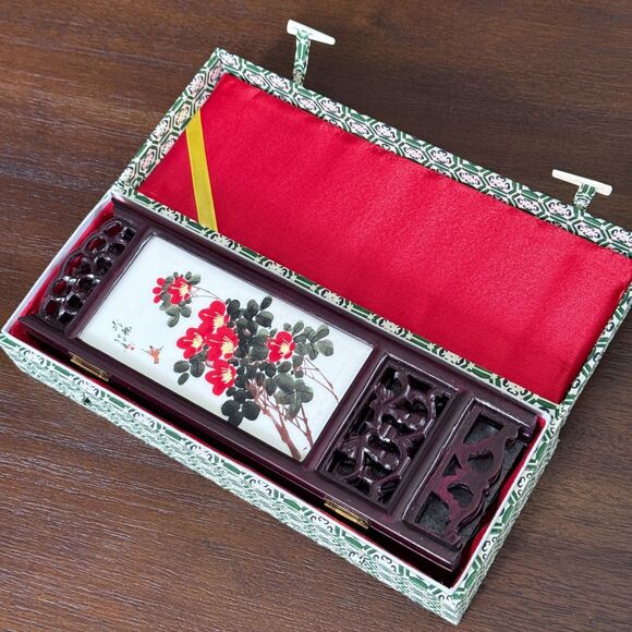 Vintage 2-Sided Hand Painted Marble Articles 4-panel Table Screen China Flowers - Picture 5 of 16